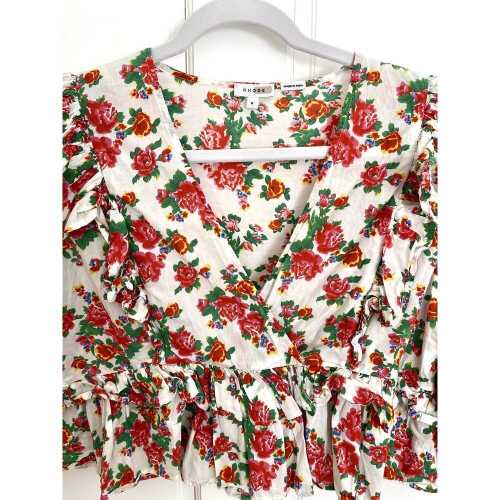 RHODE Elodie Top Floral Ruffle Cotton Cropped Blouse Puff Sleeve Tuckernuck - Picture 7 of 8